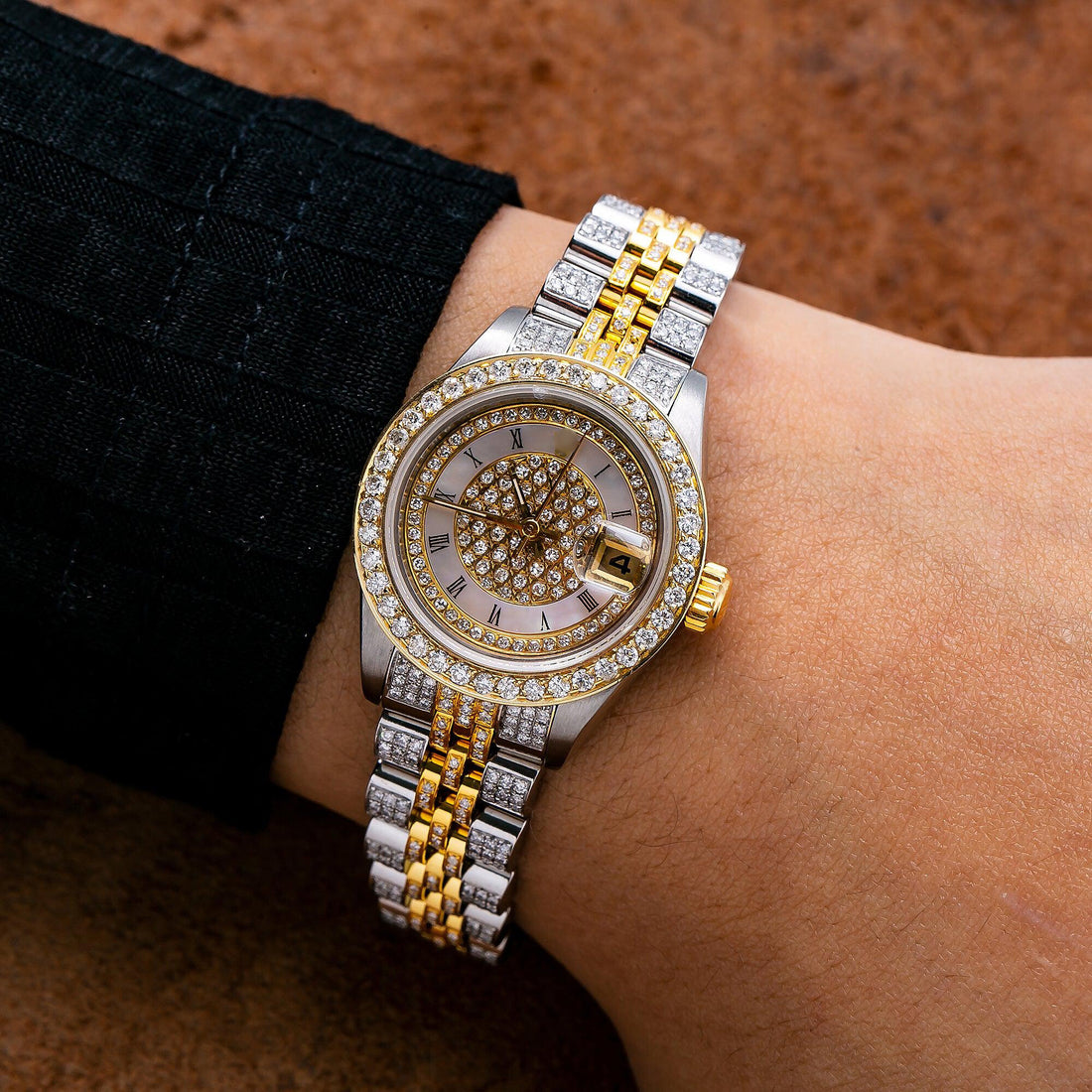 Clean Cut Moissanite Watch 26MM Yellow Gold Mother of Pearl Diamond Dial With 5.25 CT Diamonds