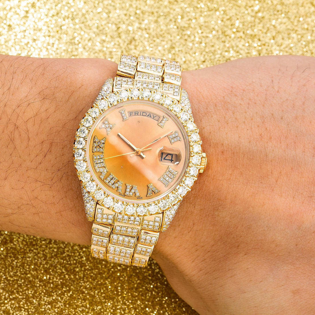 Premium Fit Moissanite Watch 36MM Champagne Diamond Dial With Yellow Gold Bracelet