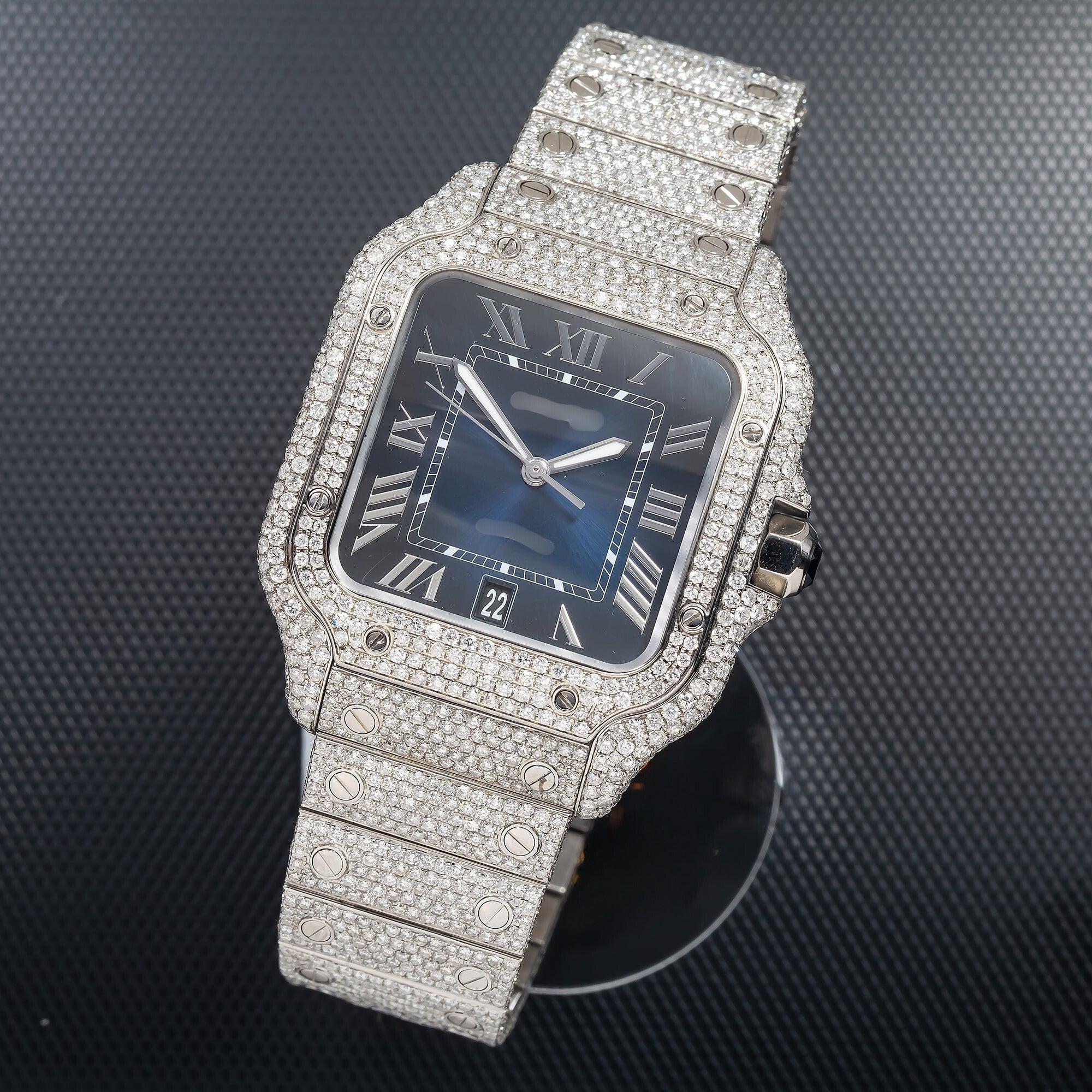 Moissanite Timekeeper 40MM Blue Dial With Diamond Bezel