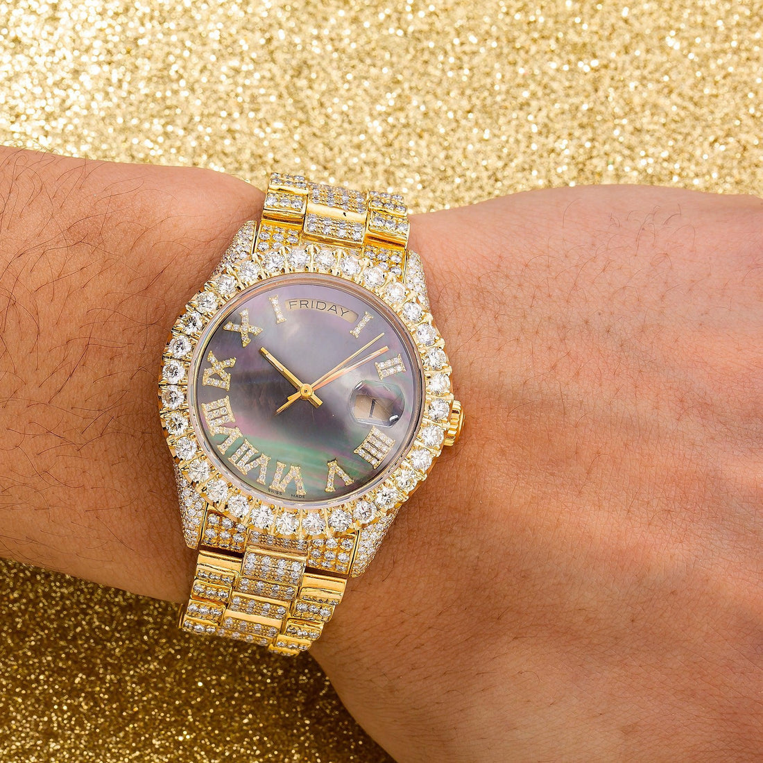 Street Style Iced Moissanite Watch 36MM Green and Pink Dial With 16.75 CT Diamonds