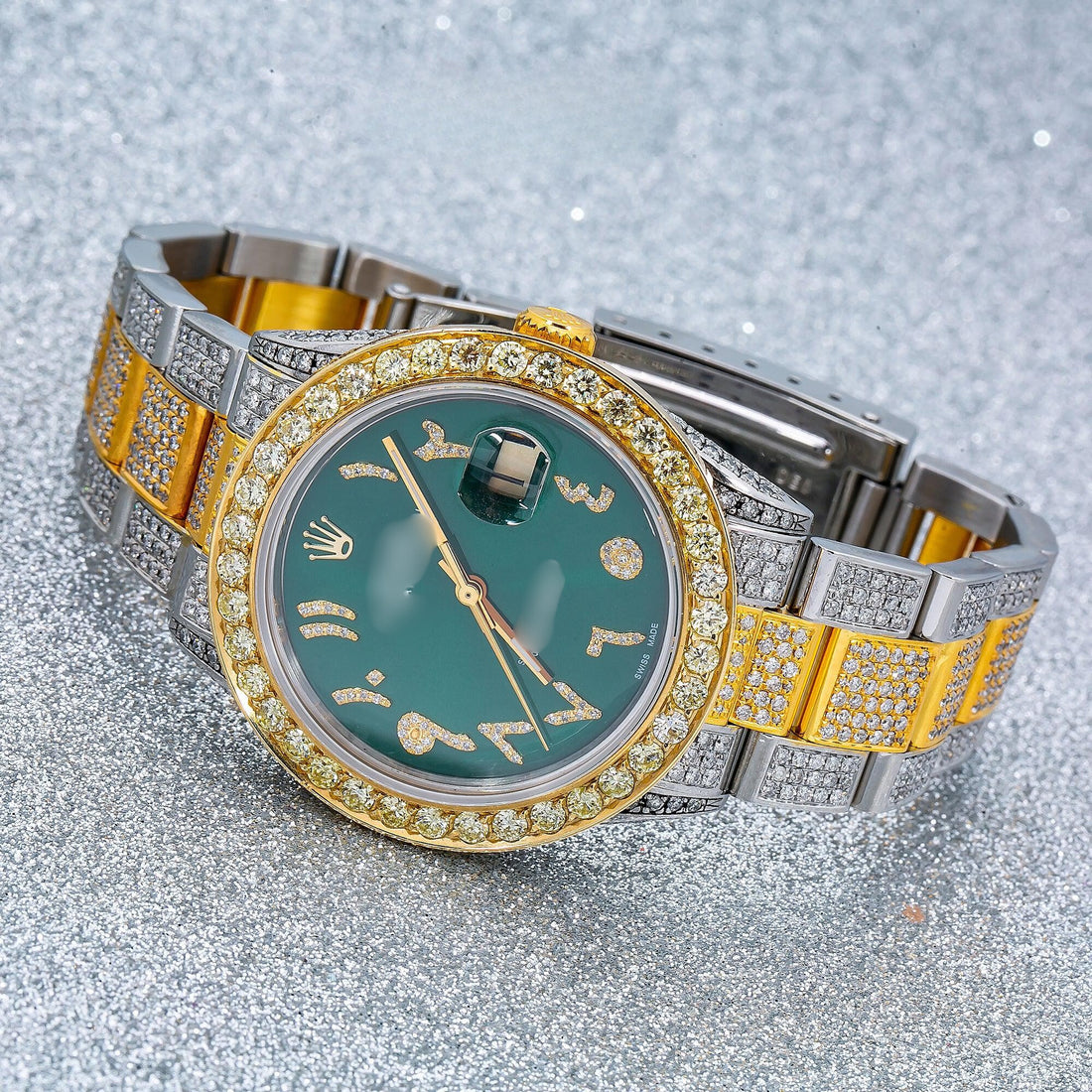 Diamond Feel Moissanite Watch Green Diamond Arabic Dial With Two Tone Diamond Oyster Bracelet
