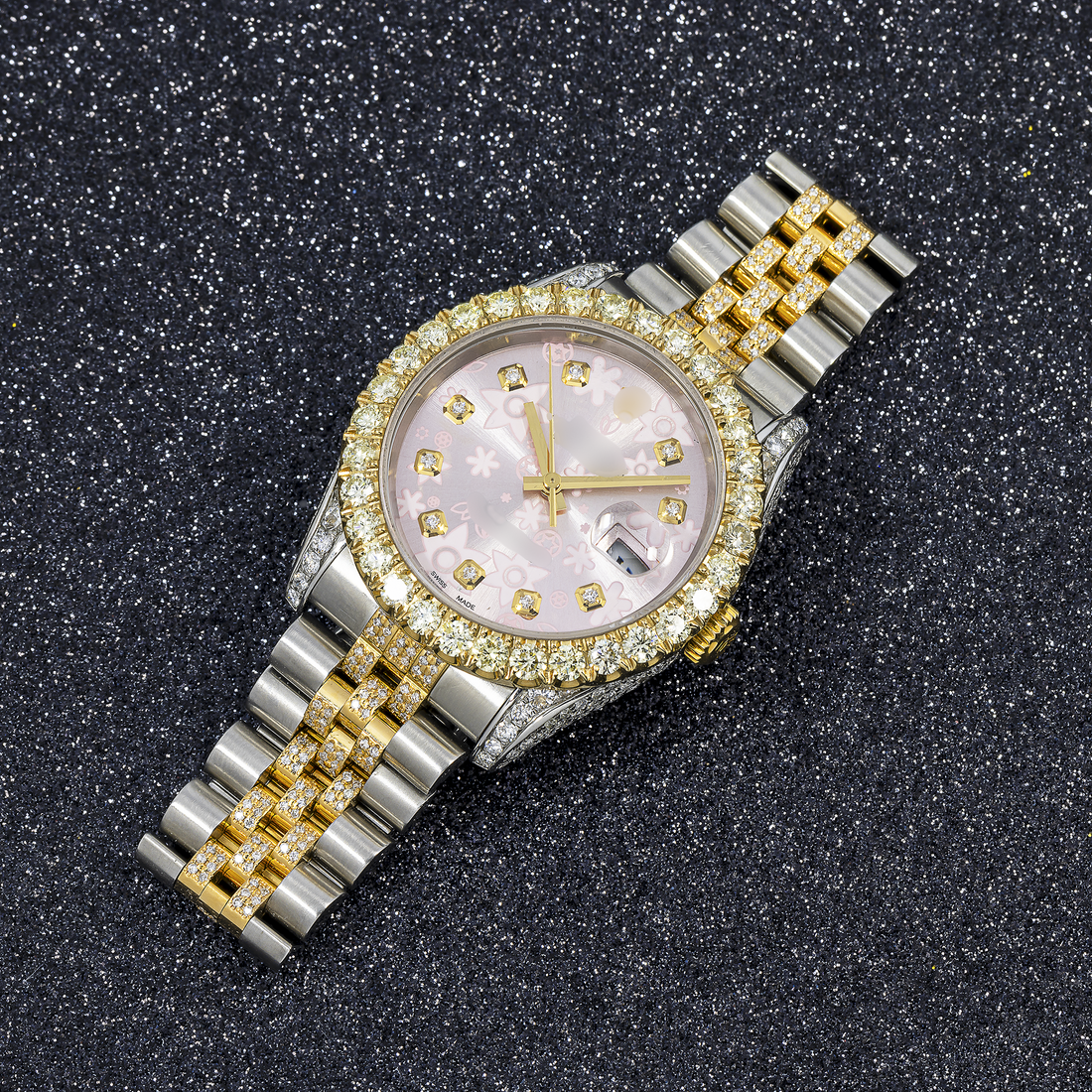 MOISSANITE BLING WATCH FOR MEN & WOMEN 36MM PINK FLOWER DIAMOND DIAL WITH TWO TONE JUBILEE DIAMOND BRACELET