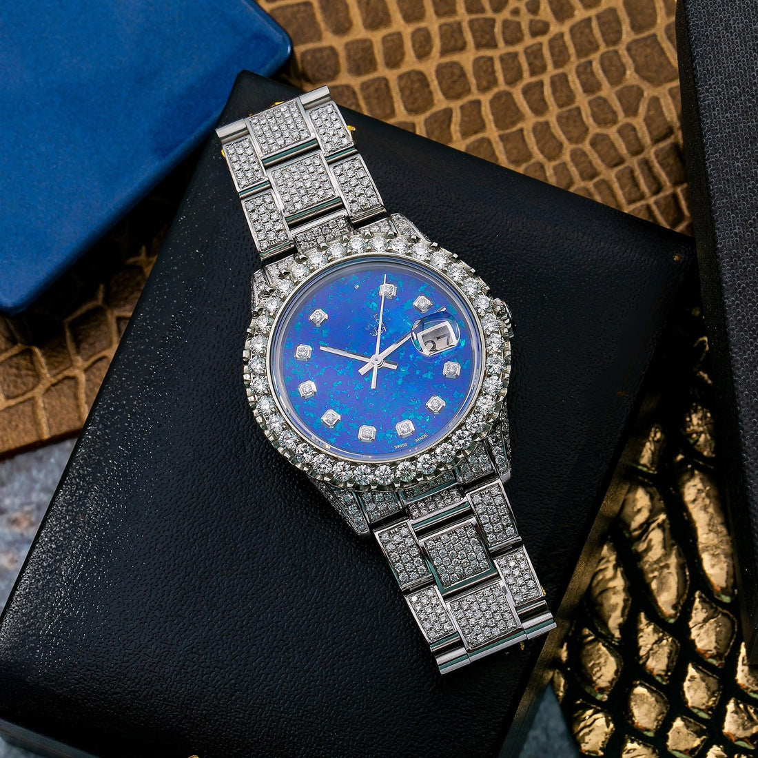 Gold Rush Moissanite Watch 36MM Blue Diamond Dial With Stainless Steel Bracelet