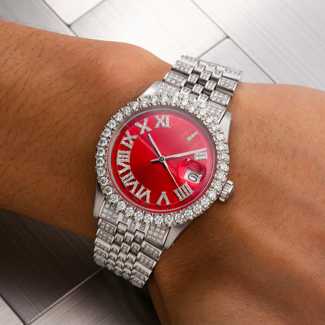 Iced Out Moissanite Fashion Watch 36MM Red Diamond Dial With 7.75 CT Diamonds