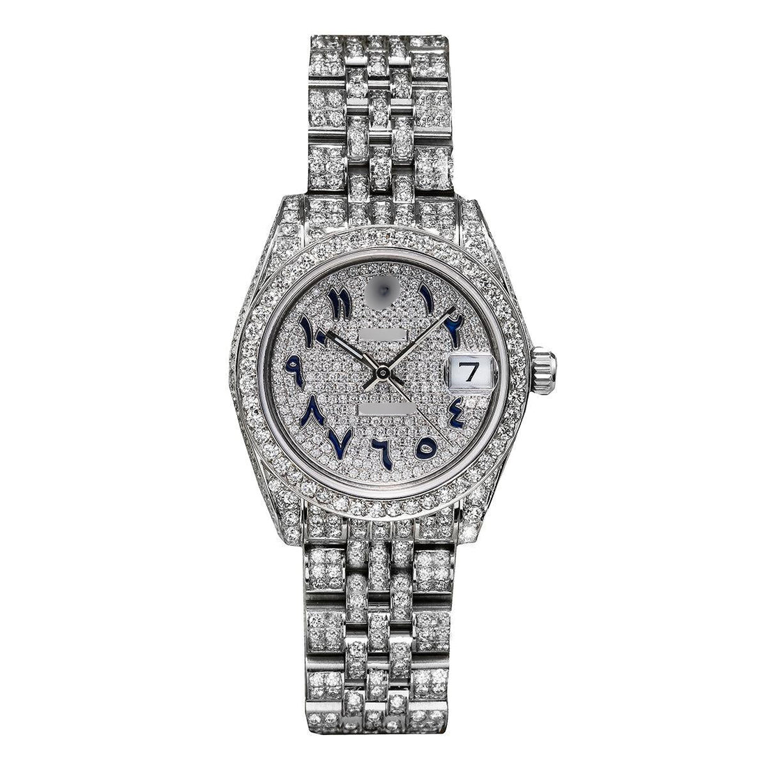 24K Look Moissanite Watch 26mm White Diamond Dial Blue Arabic Numerals with CT