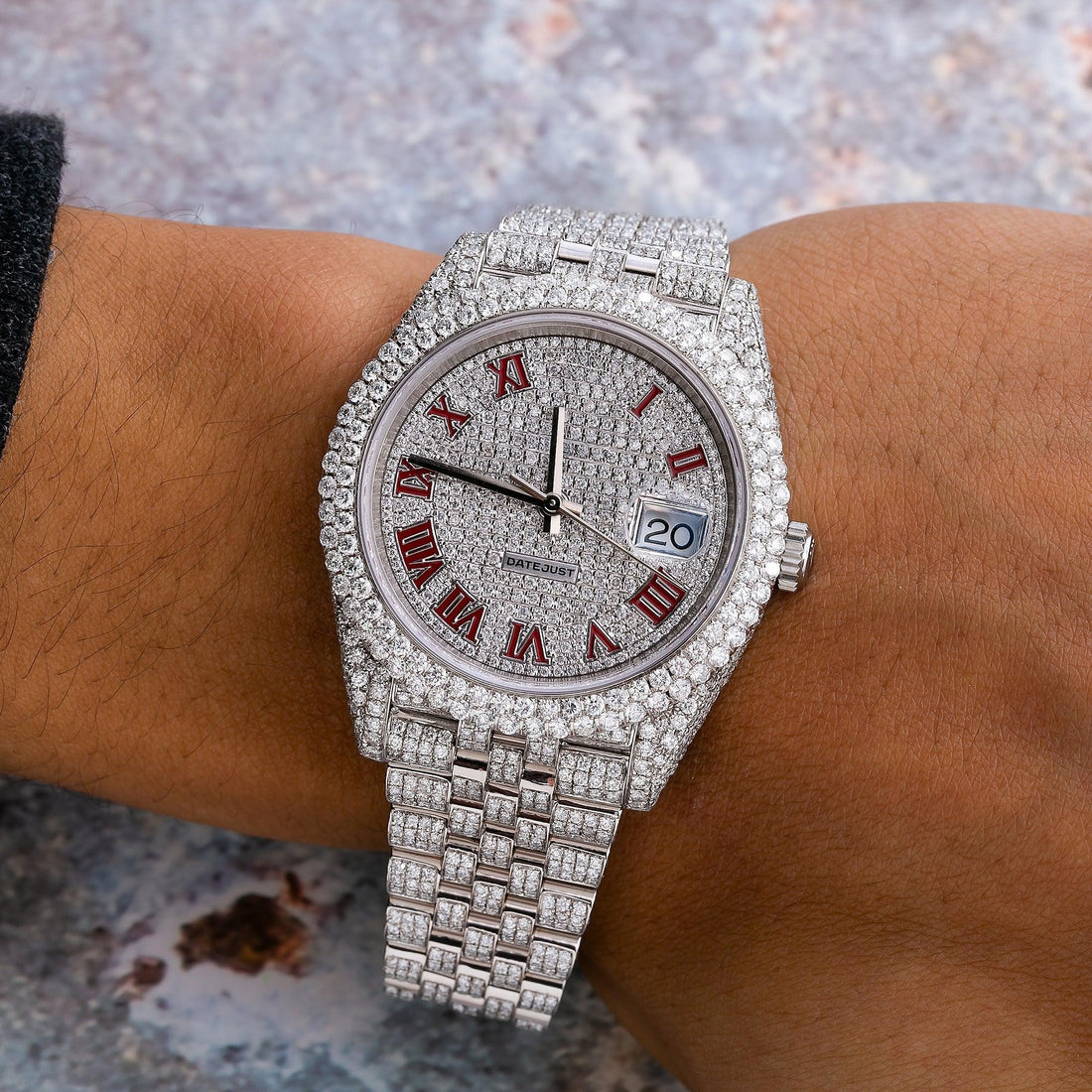 Ice Flood Moissanite Watch 41MM Red Diamond Dial With Stainless Steel Jubilee Bracelet