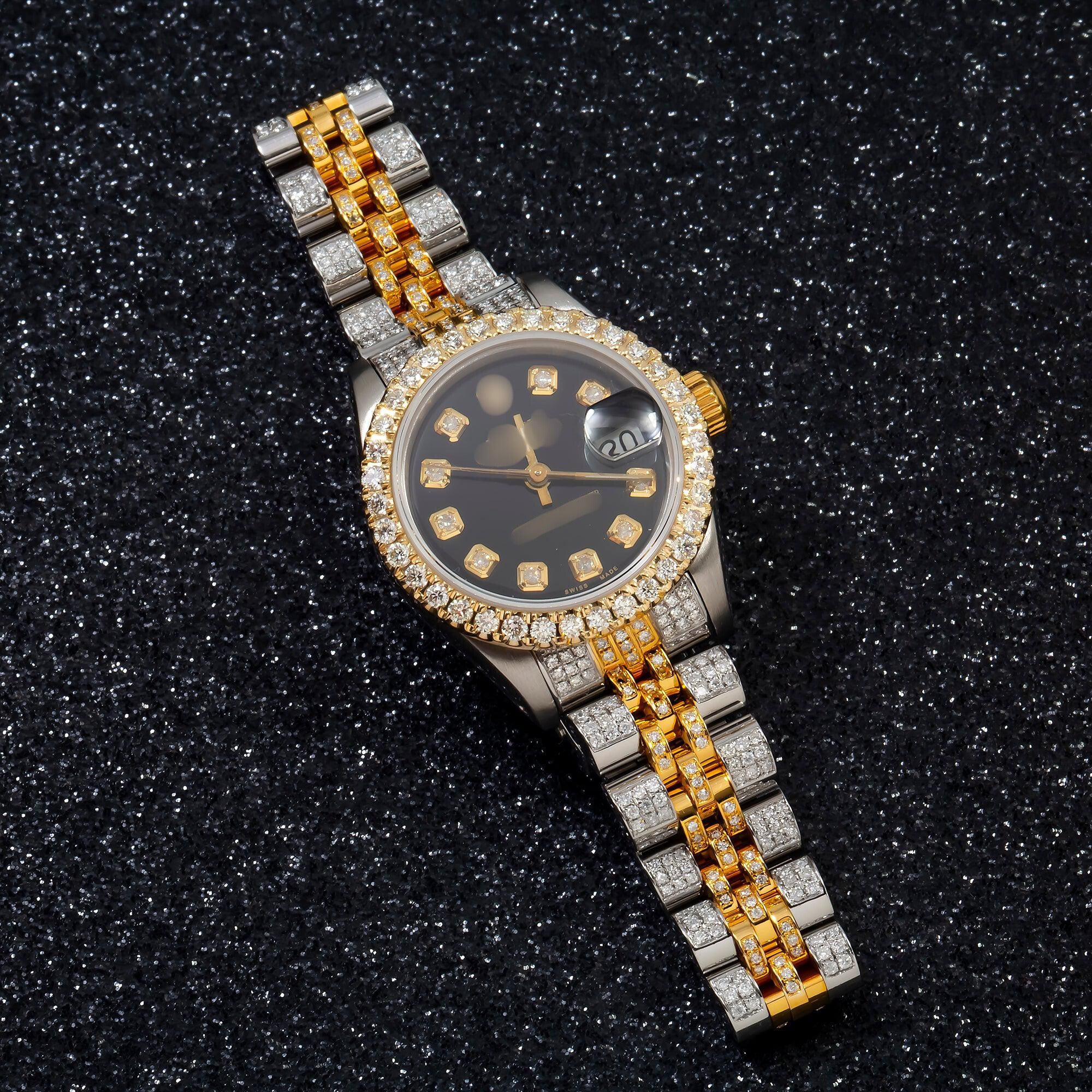 Moissanite Watch Gift Set 26MM Black Diamond Dial And Bezel With Two Tone Jubilee Bracelet