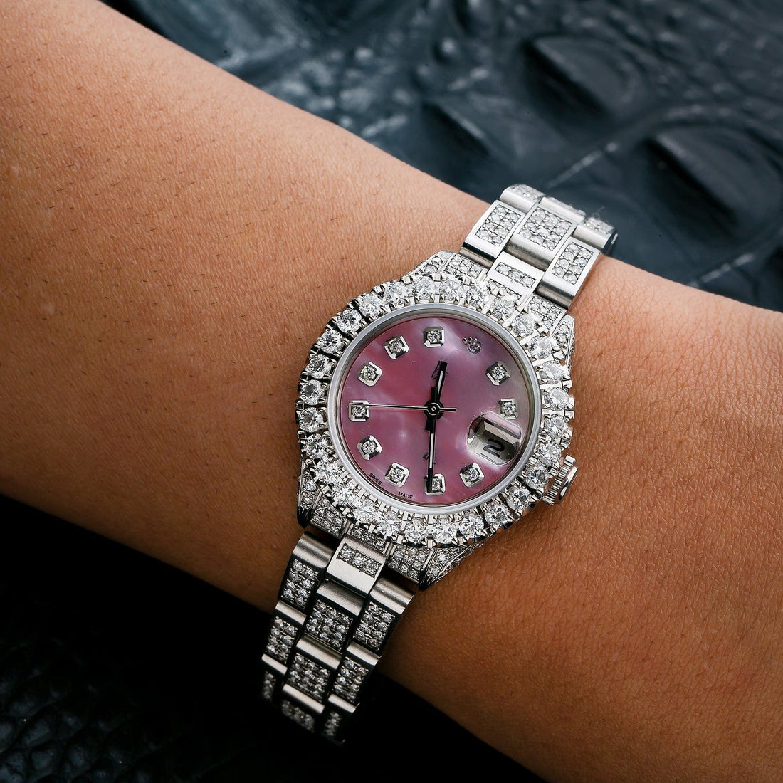 Bling Out Moissanite Watch 26MM Pink Diamond Dial With 6.95 CT Diamonds