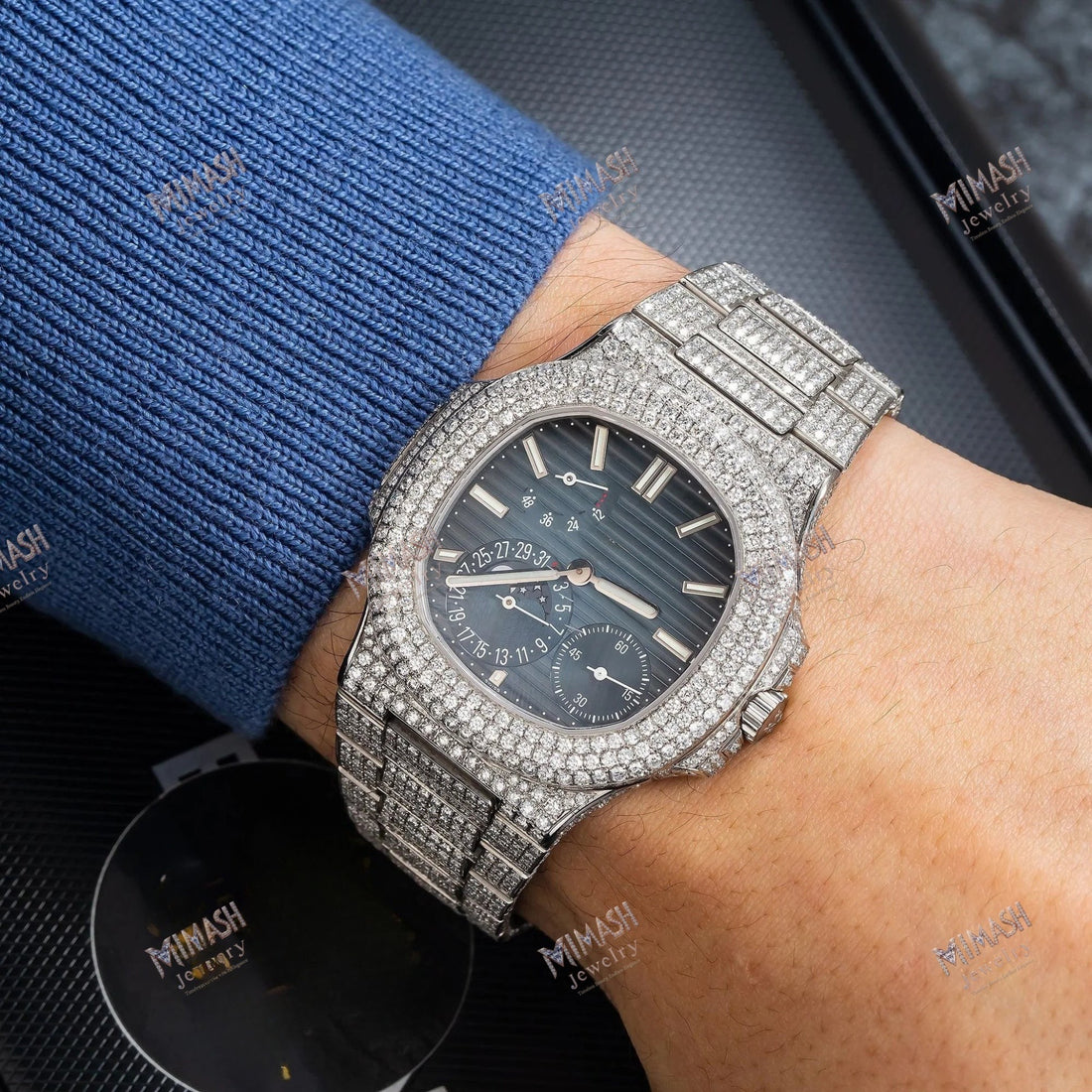 Custom Moissanite Diamond Watch 40MM Blue Dial With Diamond Bezel