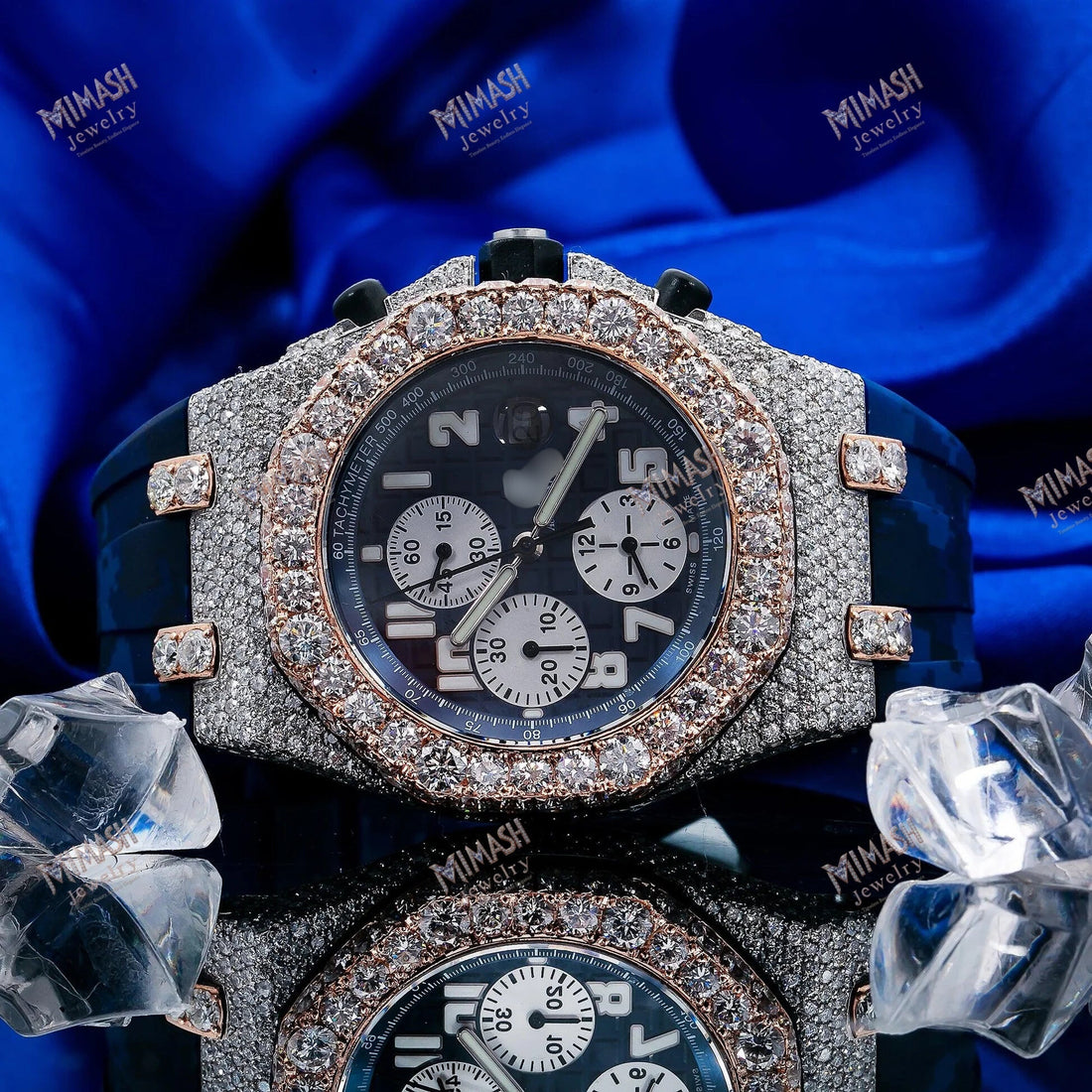 Moissanite Chronograph Style Watch  42MM Blue Dial With Rubber Bracelet