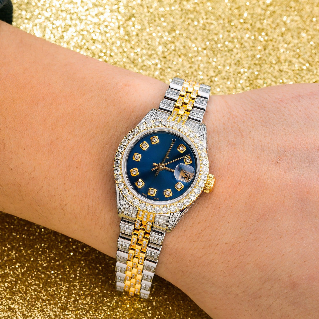 Crystallite Moissanite Watch Blue Diamond Dial With Two Tone Diamond Jubilee Bracelet