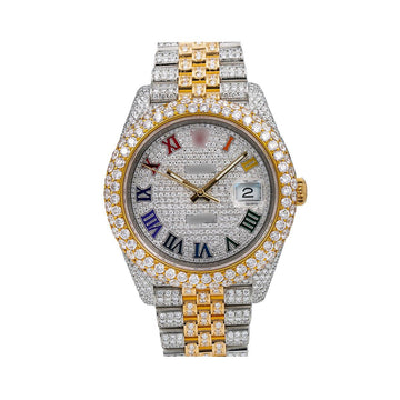 High-End Moissanite Watch 41mm Rainbow Diamond Dial With Two Tone Bracelet