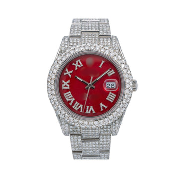 Unisex Moissanite Iced Out Watch 41mm Red Diamond Dial With Stainless Steel Oyster Bracelet