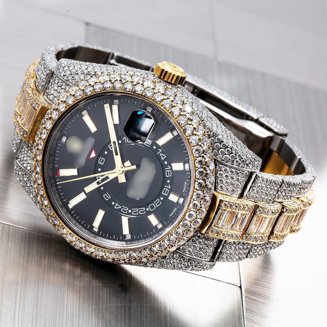 The Luxe Hour Watch 42mm Black Dial With Flower Setting 31.50 CT Diamonds