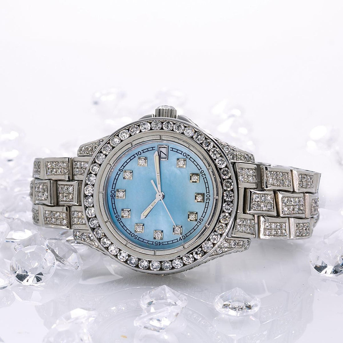 High-End Moissanite Watch 33mm Blue Mother of Pearl with 8.0CT Diamonds Watch
