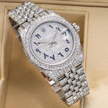 24K Look Moissanite Watch 26mm White Diamond Dial Blue Arabic Numerals with CT