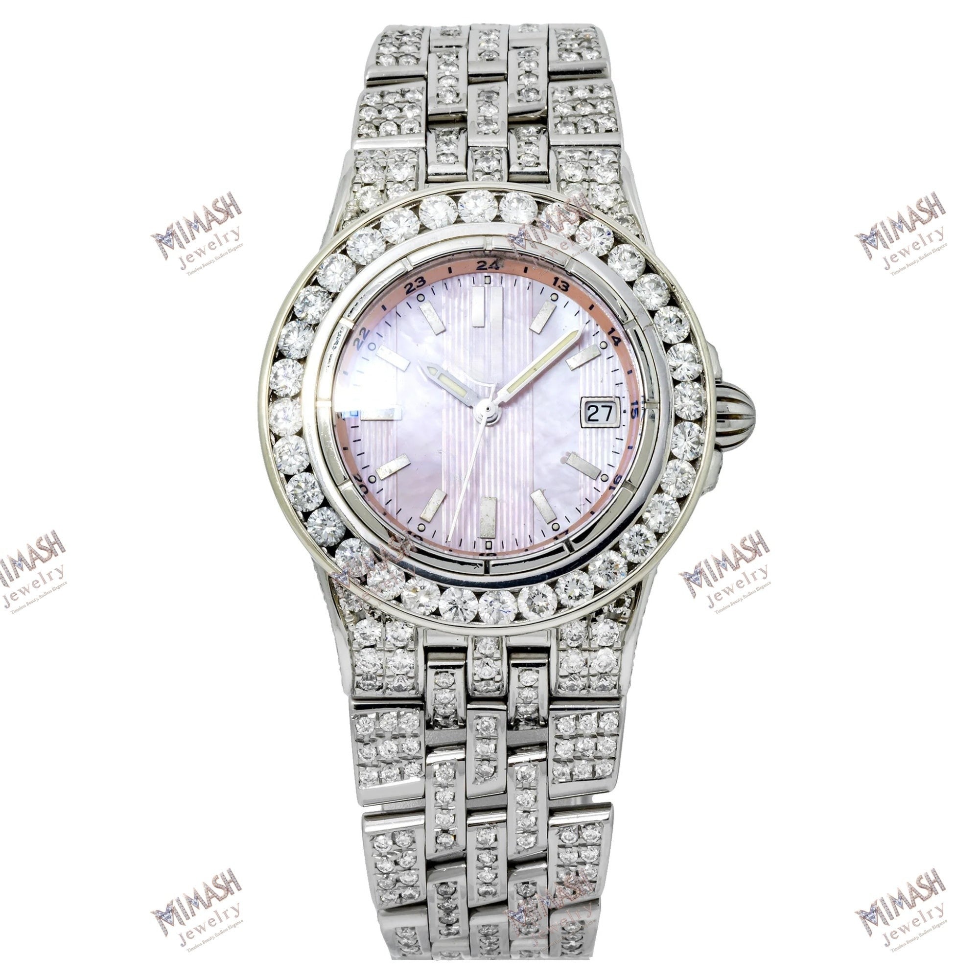 Hip Hop Moissanite Watch 30MM Pink Mother of Pearl Dial With Diamond Bezel & Bracelet