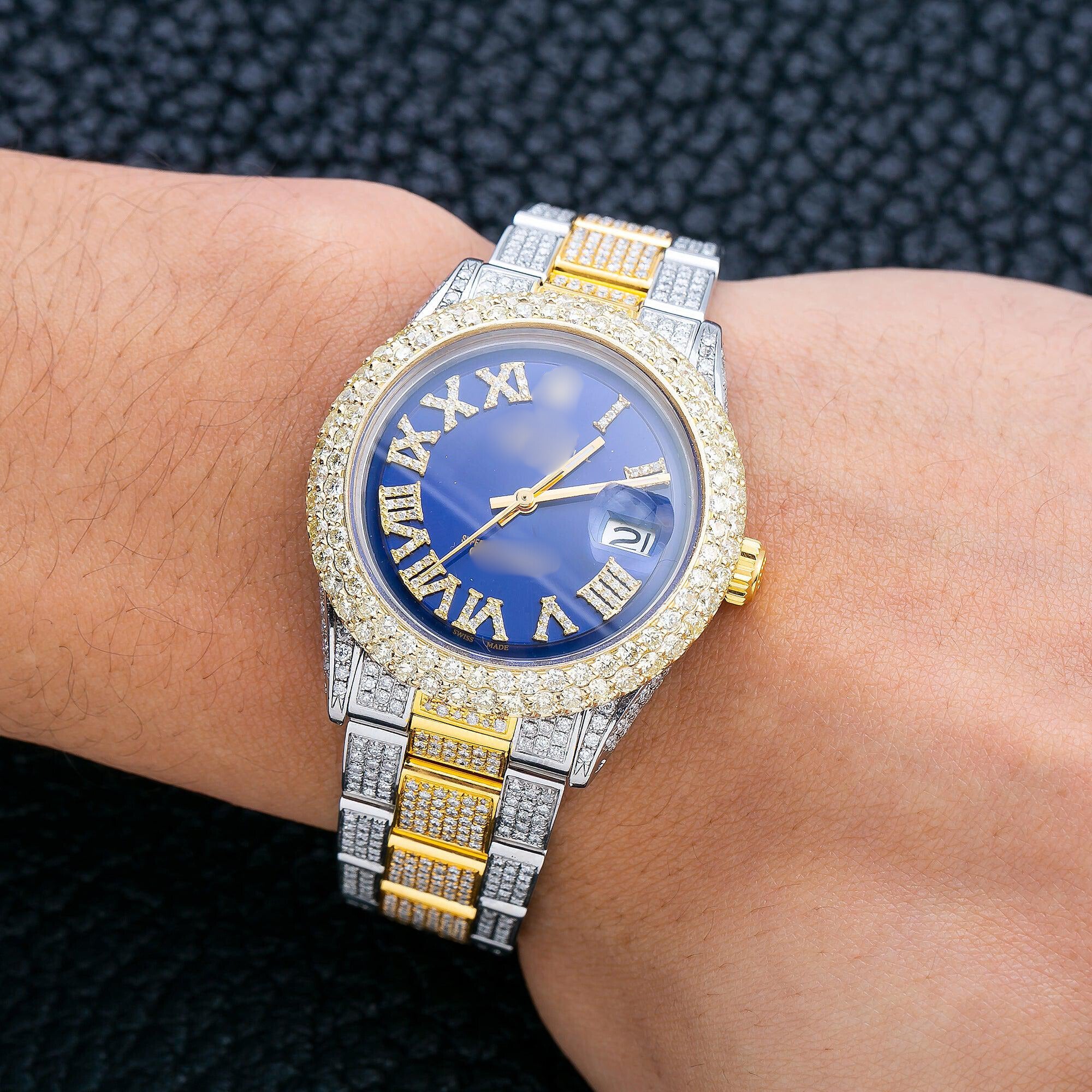 The Bling Era Moissanite Watch 36MM Blue Diamond Roman Dial With Two Tone Bracelet