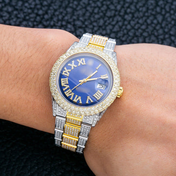 The Bling Era Moissanite Watch 36MM Blue Diamond Roman Dial With Two Tone Bracelet