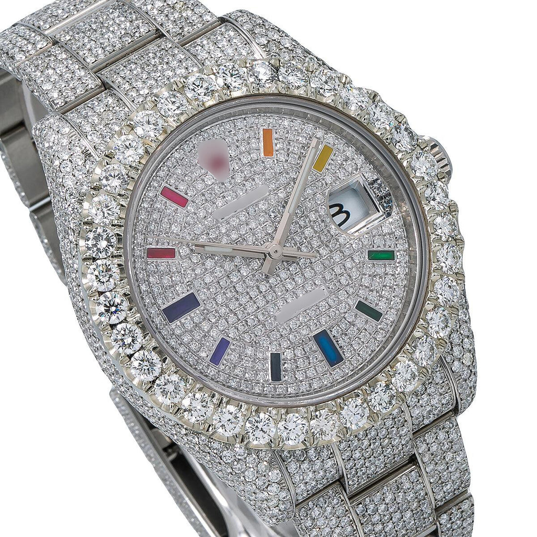 Unisex Moissanite Iced Out Watch 41mm Rainbow Custom Diamond Dial With 22.75 CT Diamonds Flower Setting
