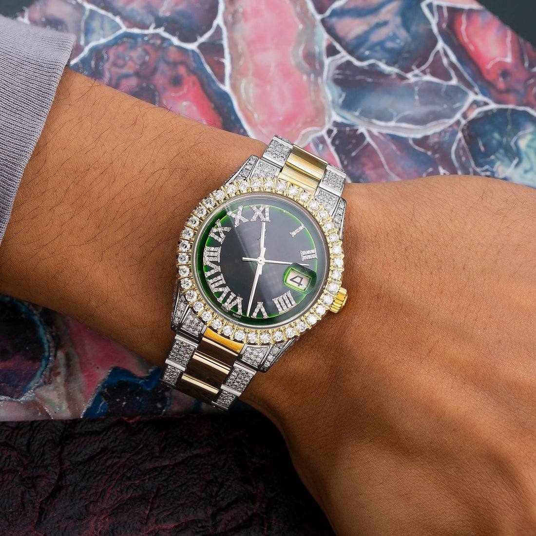 Premium Moissanite Bling Watch 36MM Green Diamond Dial With Two Tone Diamond Bracelet
