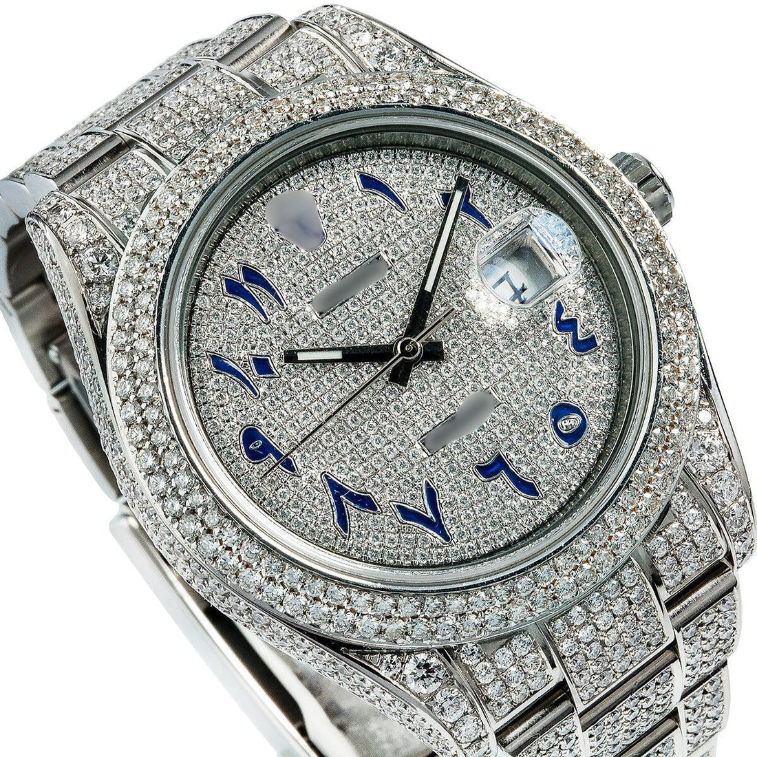 Moissanite Shine Watch 41mm Diamond Dial With Blue Arabic Numerals 13CT Diamonds