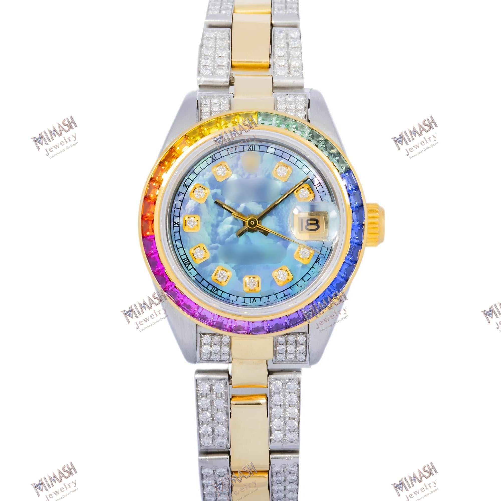 ROLEX DATEJUST 6919 26MM BLUE MOP DIAMOND DIAL RAINBOW BEZEL AND SEMI DIAMOND OYSTER BRACELET