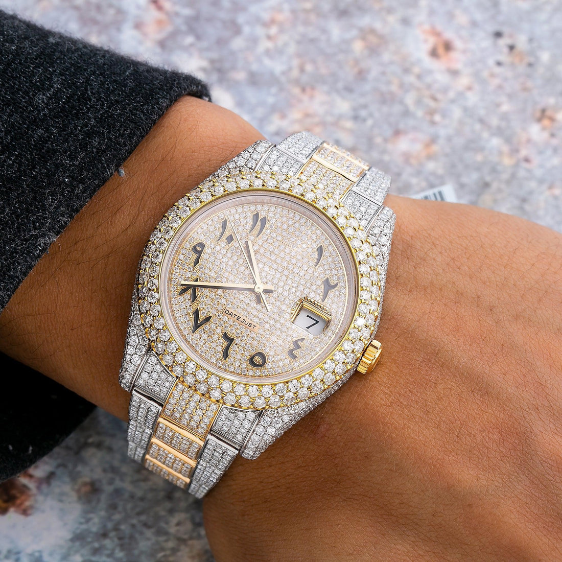 Moissanite Crown Timepiece 41MM Yellow Gold Diamond Dial With Two Tone Bracelet