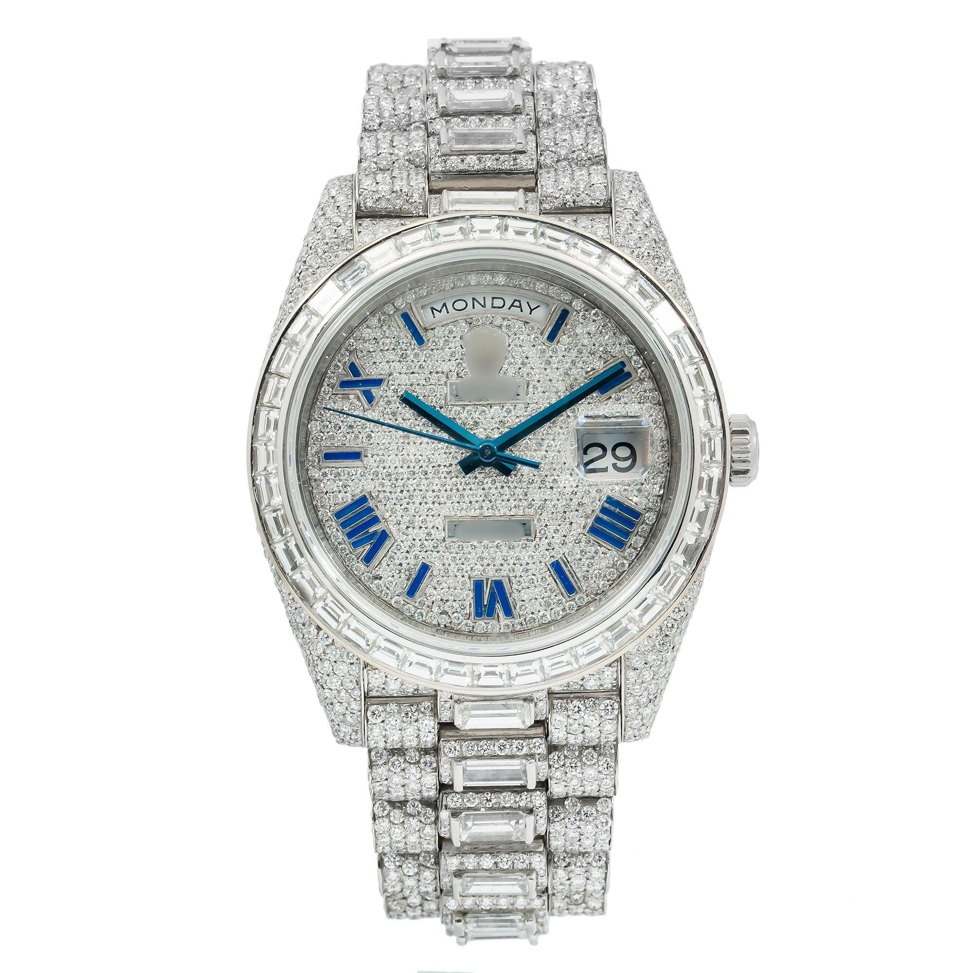 Moissanite Watch for Daily & Party Wear 40MM Diamond Dial And Bezel With Baguette Diamond Presidential Bracelet