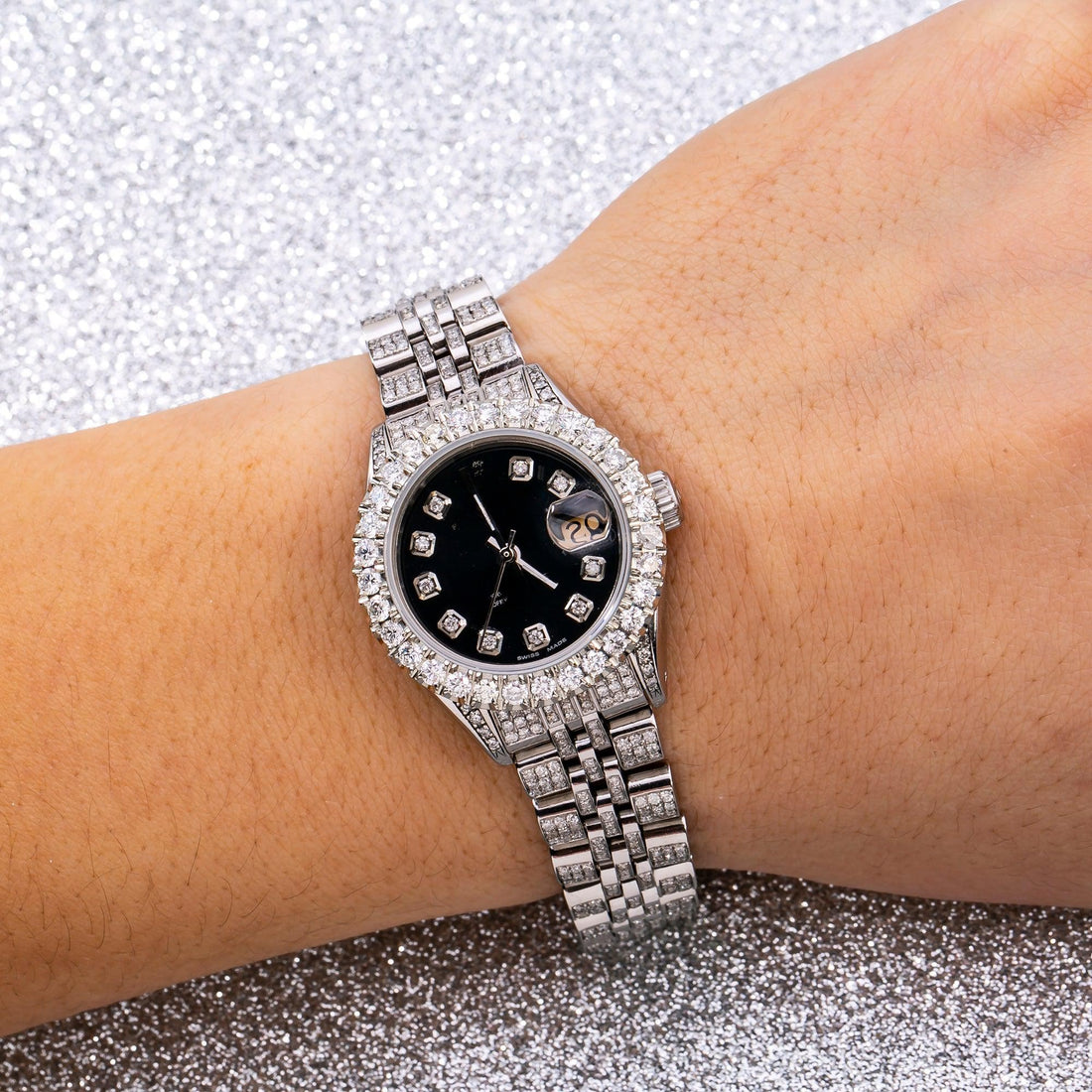 Limited Edition Moissanite Bling Watch 26MM Black Dial With Stainless Steel Jubilee Diamond Bracelet