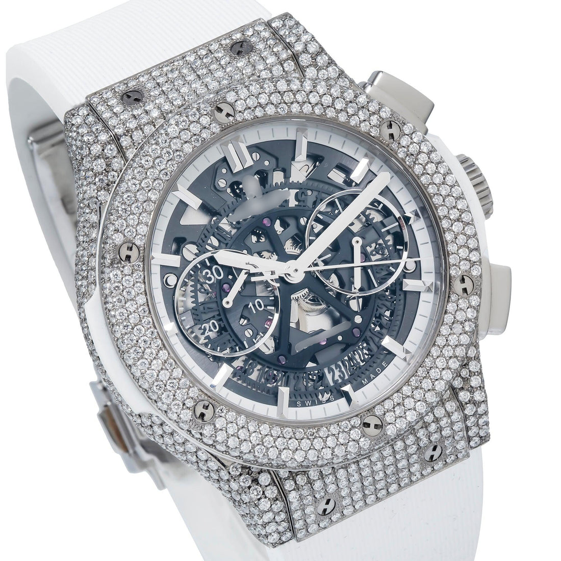 Radiant Moissanite Iced Out Watch 45MM Skeleton Diamond Dial And Bezel With White Rubber Bracelet