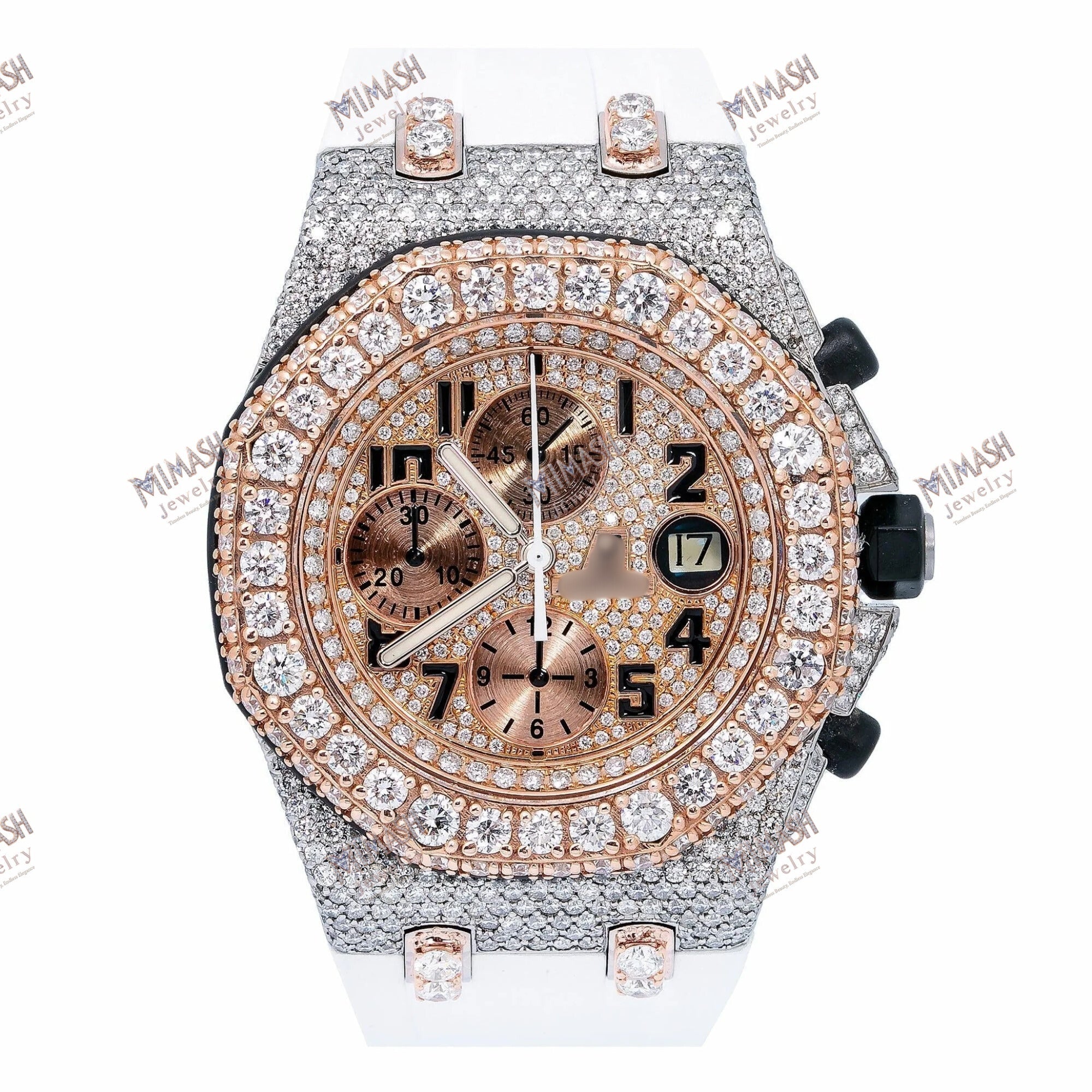 Moissanite Luxury Watch 42MM Rose Gold Diamond Dial With Rubber Bracelet