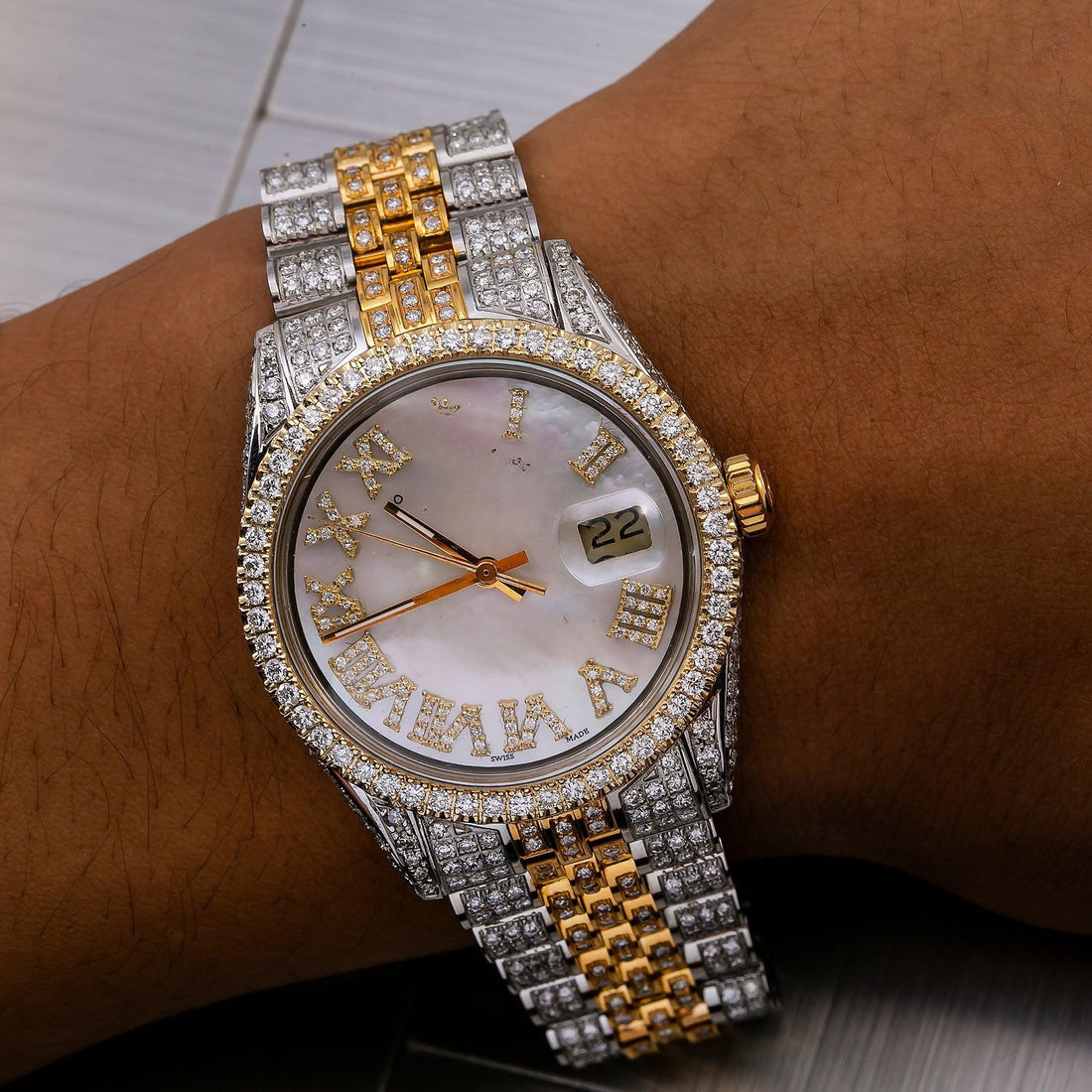 Gold Fire Moissanite Watch 36MM White Mother of Pearl Diamond Dial With 8.25 CT Diamonds