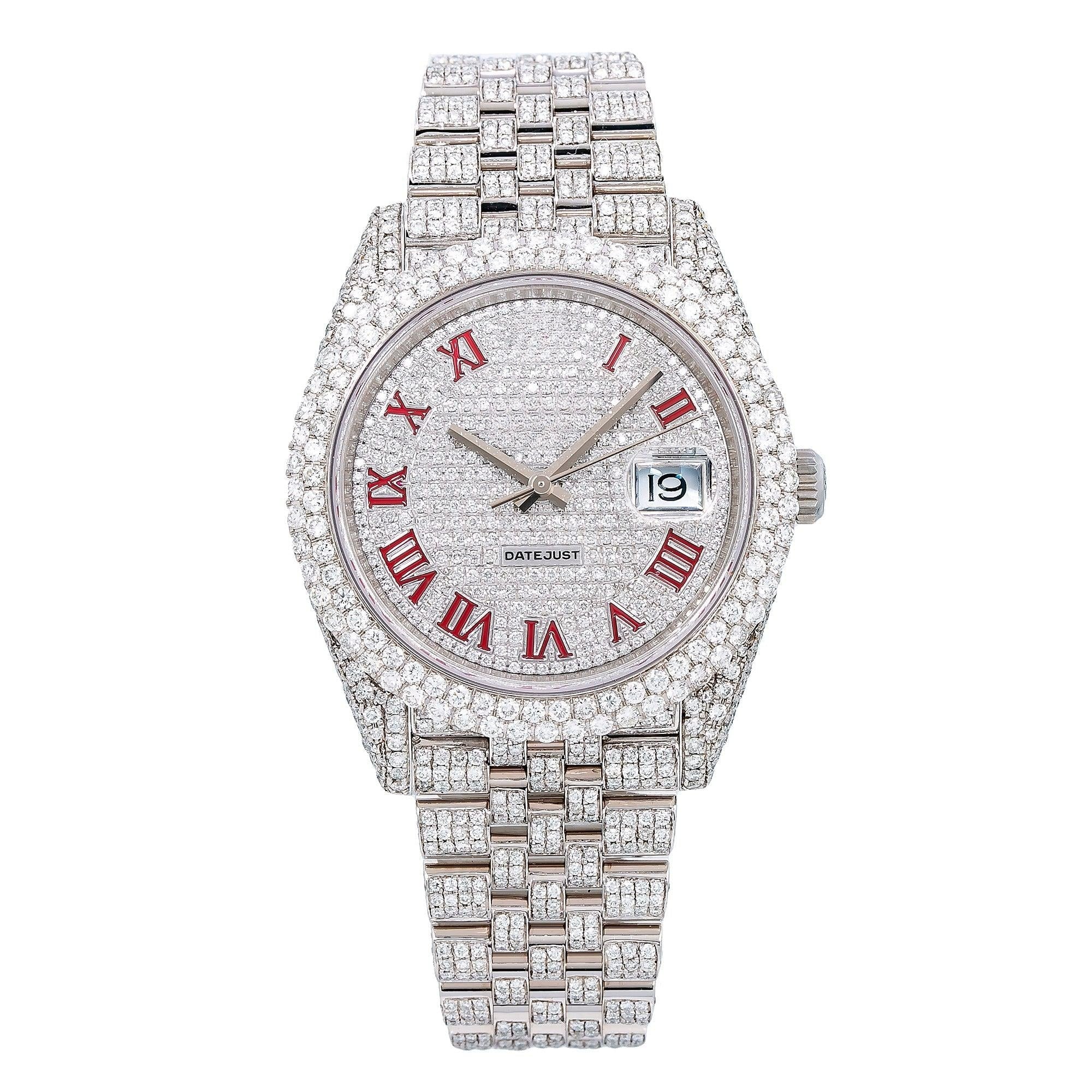 Ice Flood Moissanite Watch 41MM Red Diamond Dial With Stainless Steel Jubilee Bracelet