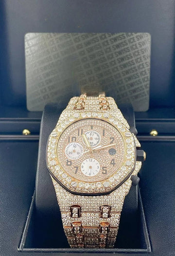 Abyss Moissanite Diamond Watch 42mm 18k Rose Gold Watch Iced 30ct Diamonds