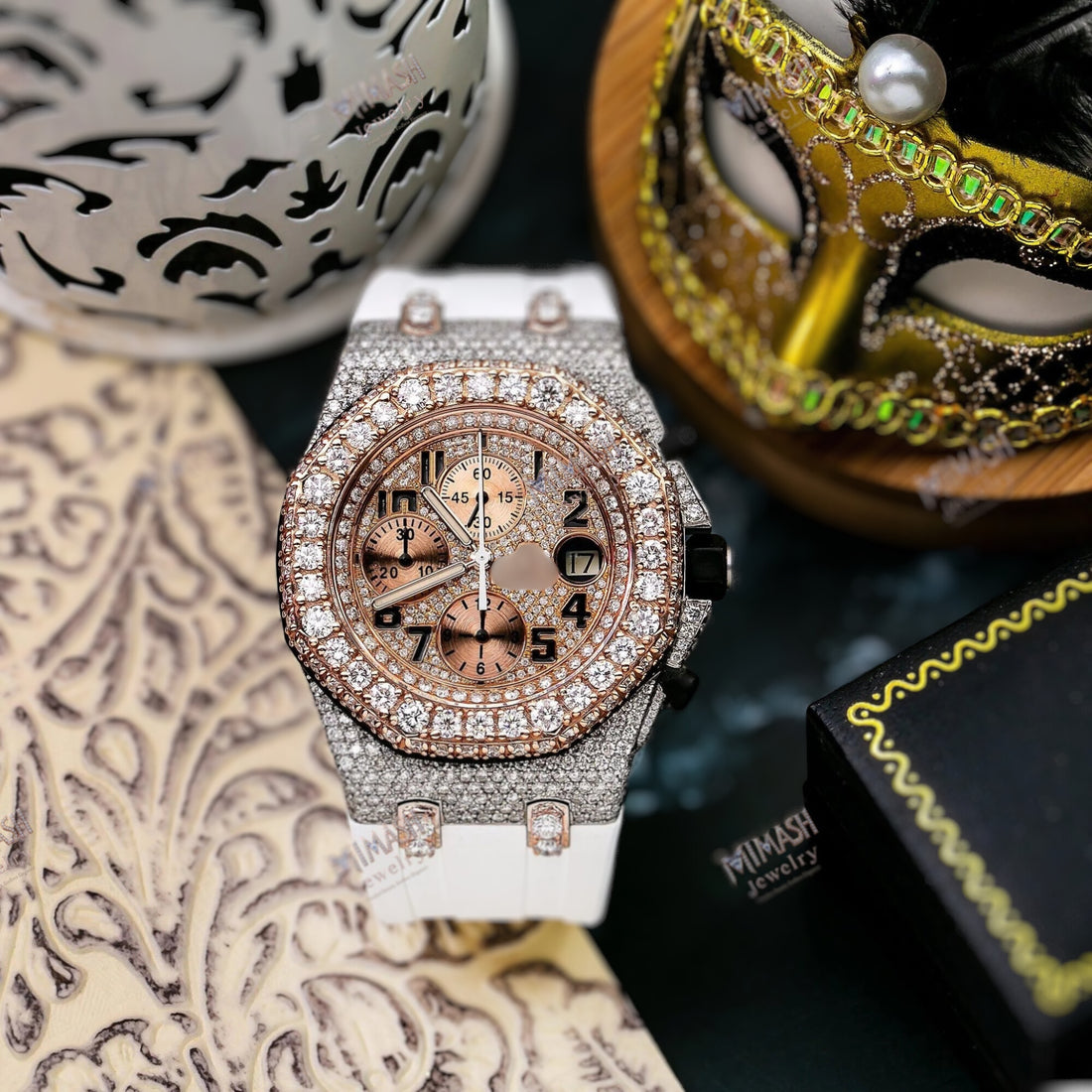 Moissanite Luxury Watch 42MM Rose Gold Diamond Dial With Rubber Bracelet