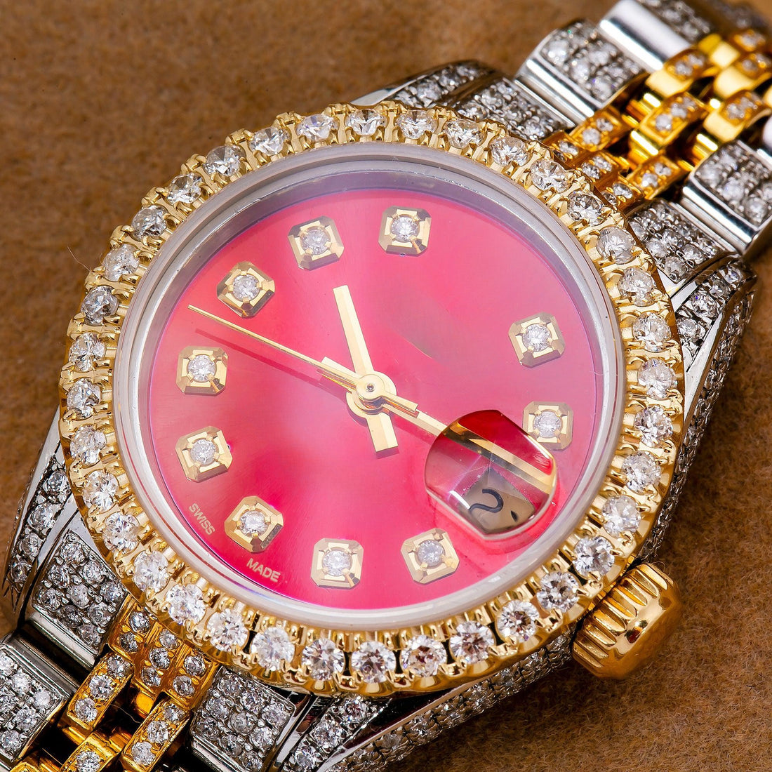 Day & Night Moissanite Watch 26MM Red Diamond Dial With Two Tone Custom Diamond Bracelet