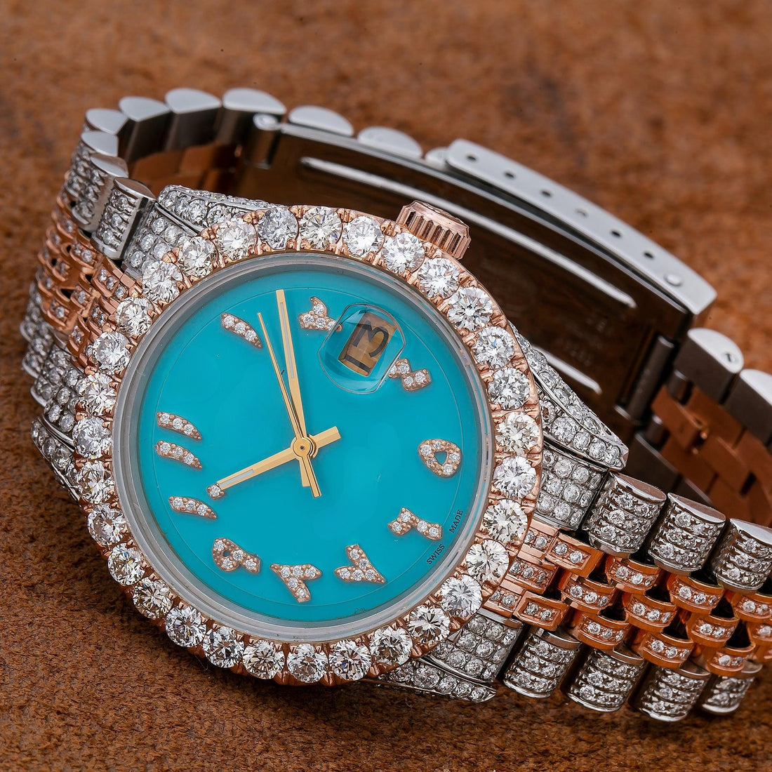Moissanite Men’s Watch 36MM With Turquoise Arabic Diamond Dial