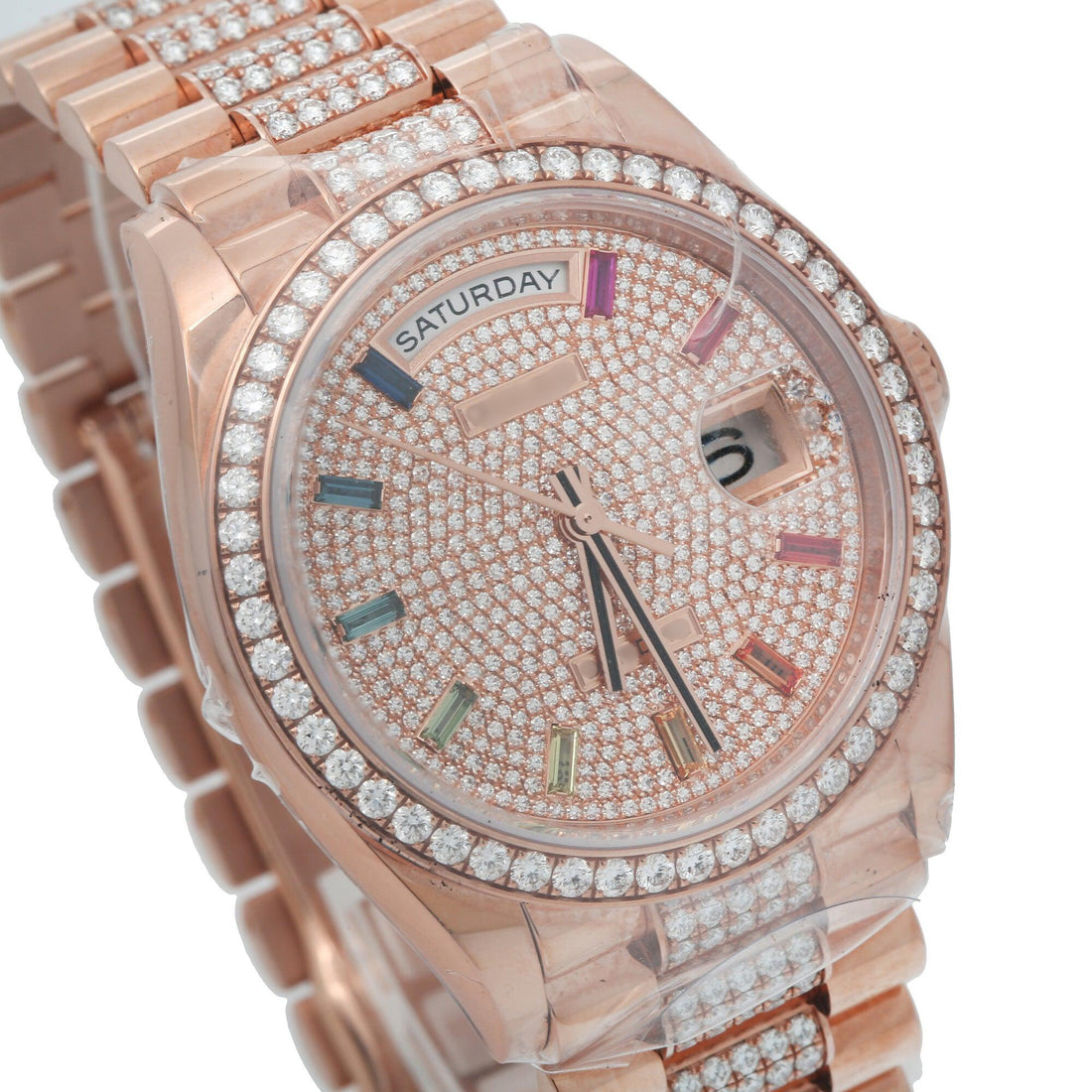 Custom Engraved Moissanite Watch 36MM Rose Gold Diamond Dial With Diamond Presidential Bracelet