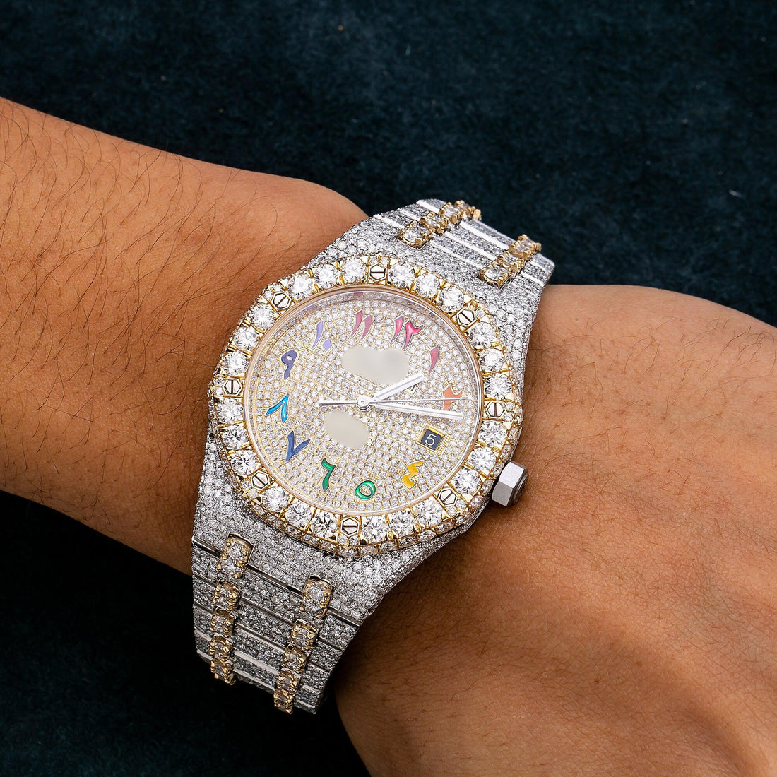 Real Drip Moissanite Watch 41MM Yellow Gold Diamond Dial With Two Tone Bracelet