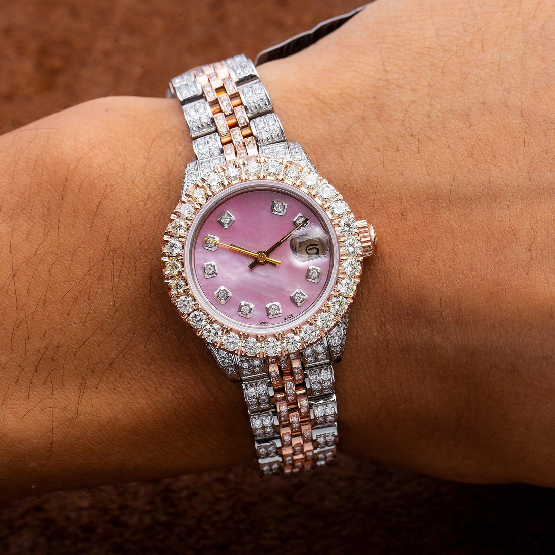 Shimmering Moissanite Watch 26MM Pink Diamond Dial With 7.25 CT Diamonds