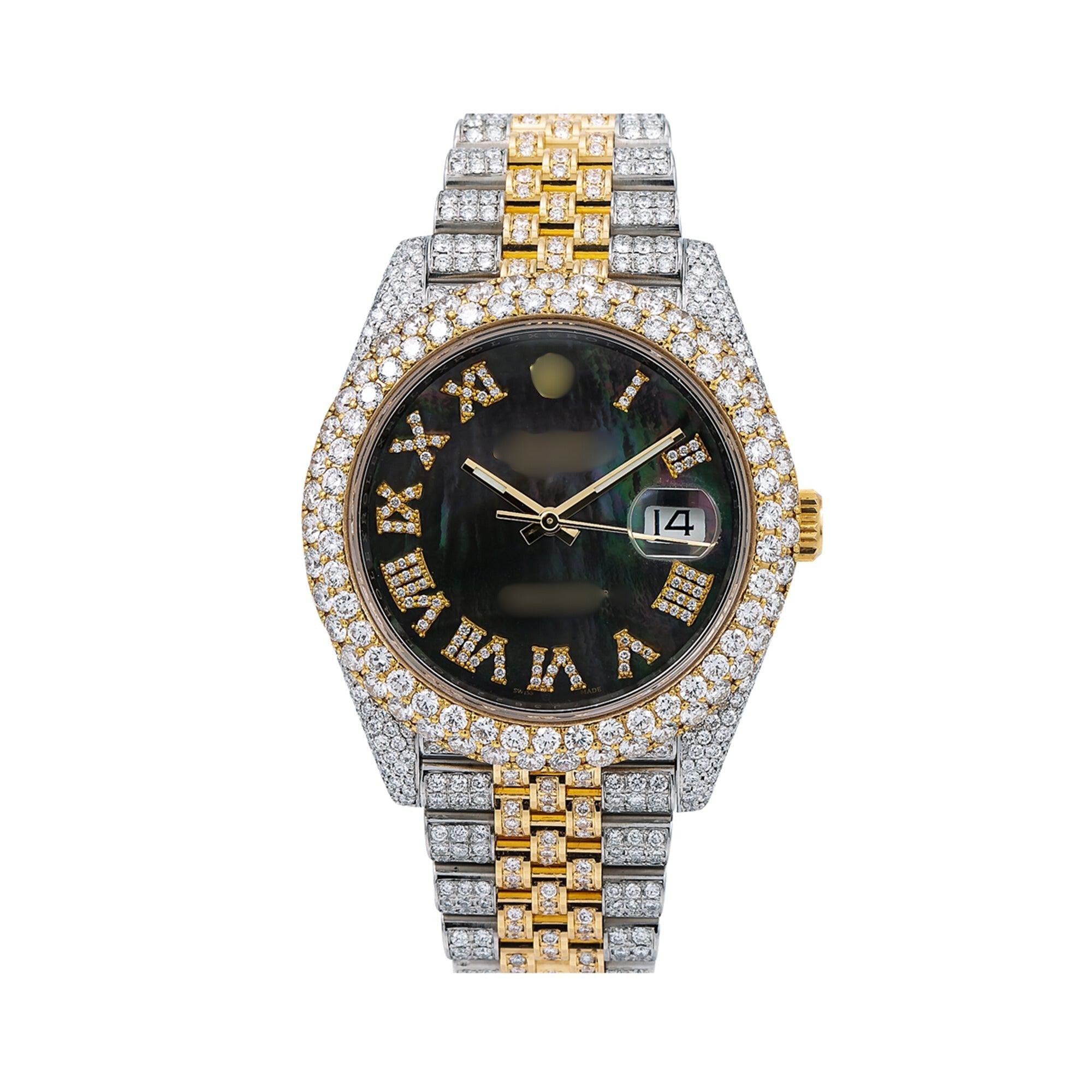 LuxeFlex Moissanite Watch 41mm Black Diamond Dial With Two Tone Jubilee Bracelet