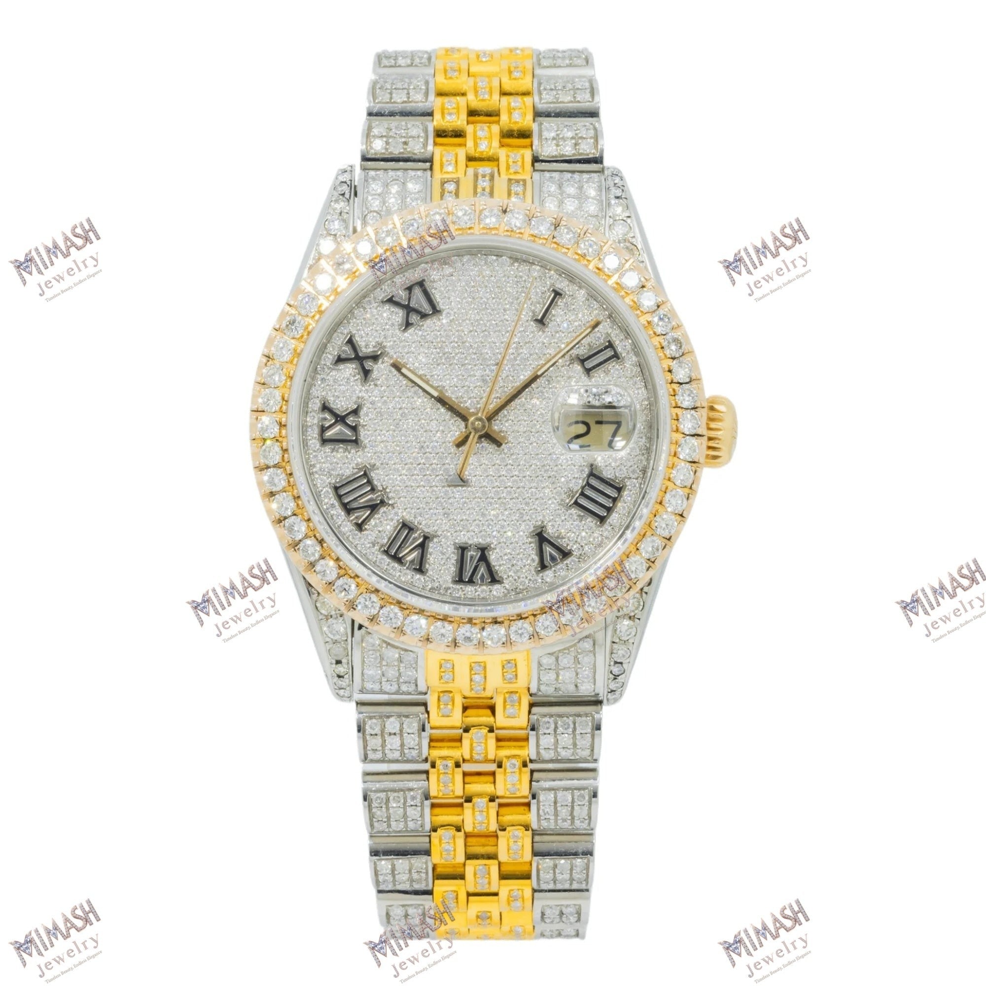 High-End Moissanite Watch 36MM Diamond Roman Dial Bezel And Two Tone Jubilee Bracelet