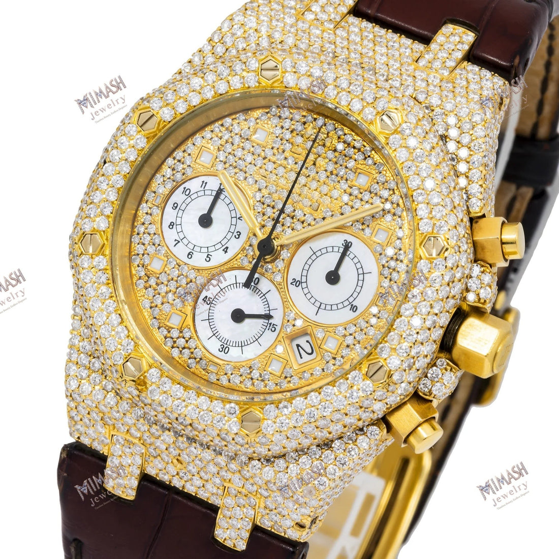 Iced Out Moissanite Watch for Men 39MM SET WITH DIAMONDS - PAVE DIAL AND LEATHER BRACELET