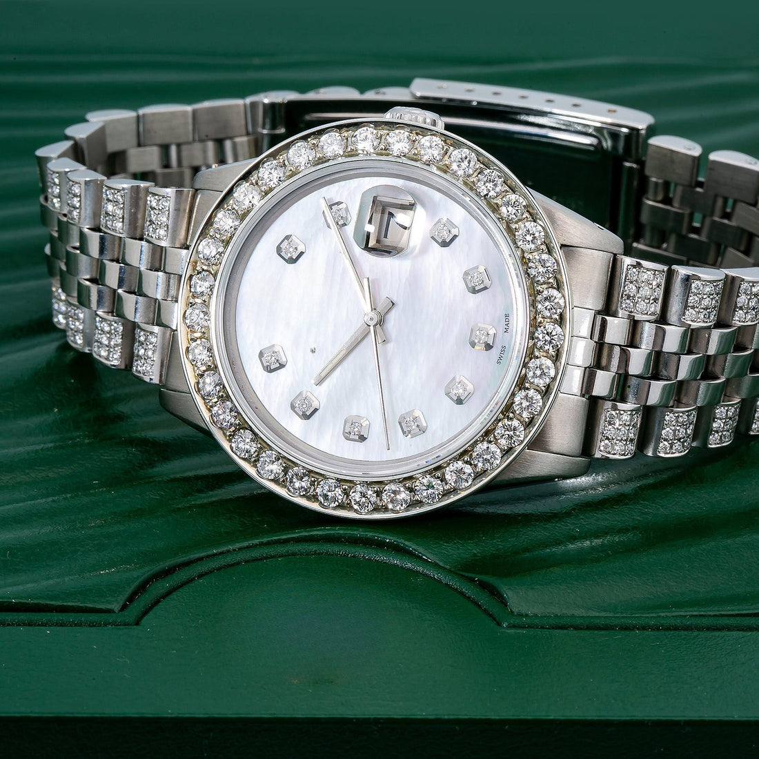 Fully Paved Moissanite Watch 36MM White Mother of Pearl Diamond Dial With Stainless Steel Jubilee Bracelet
