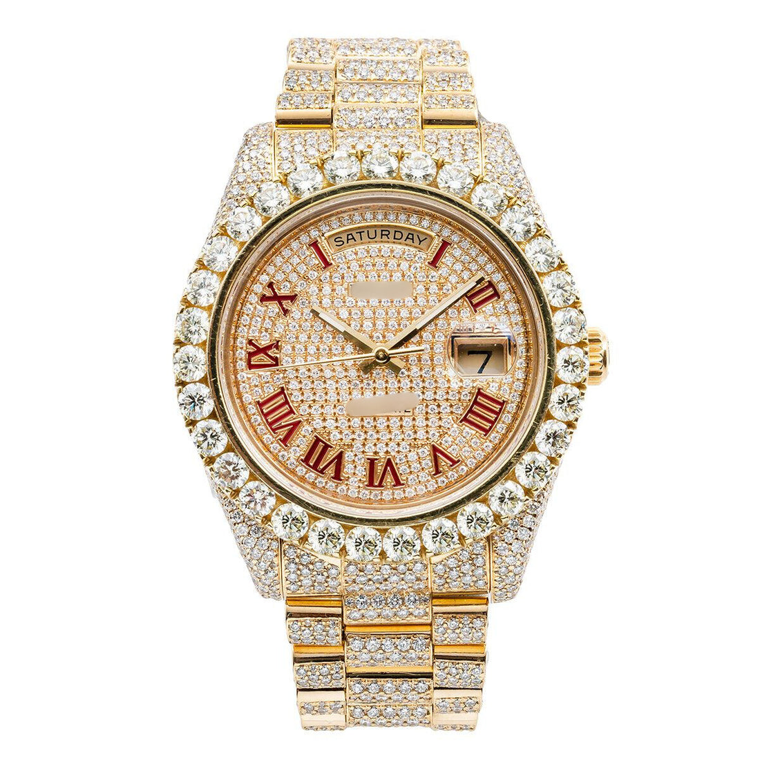 Real Drip Moissanite Watch 41MM Champagne Red Roman Numeral Dial With 21.75 CT Diamonds