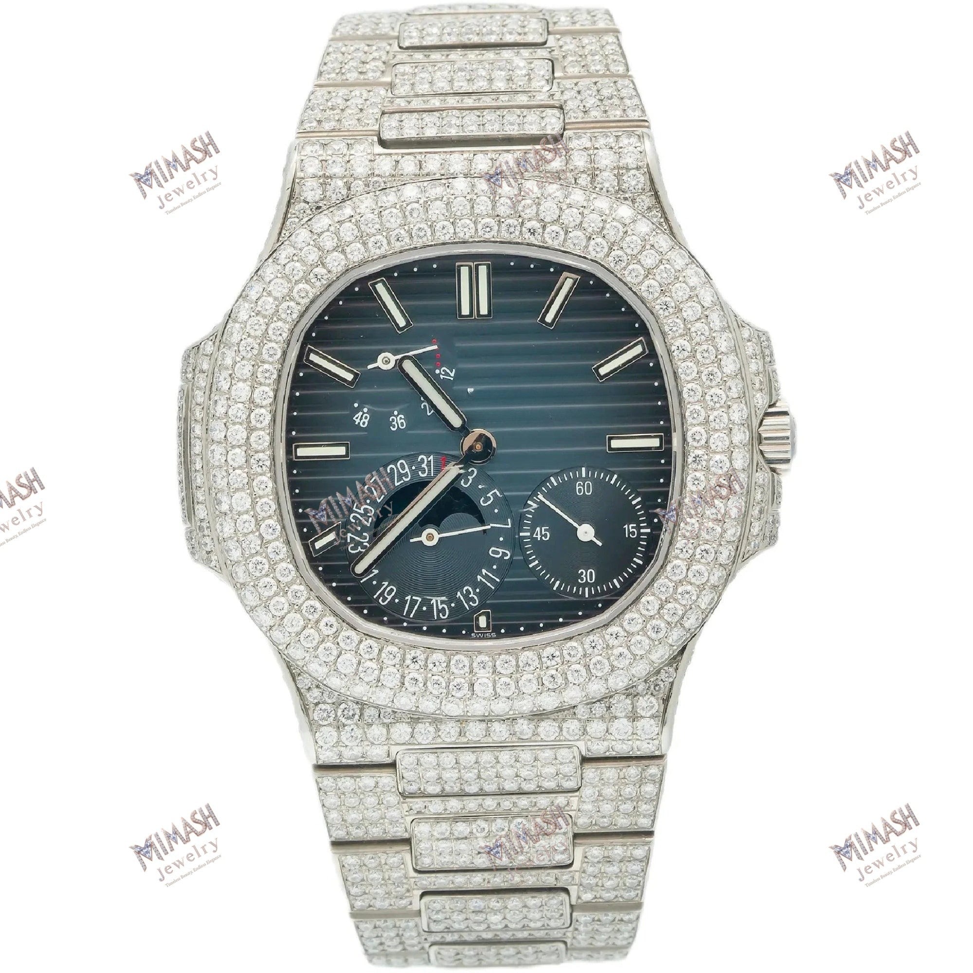Custom Moissanite Diamond Watch 40MM Blue Dial With Diamond Bezel