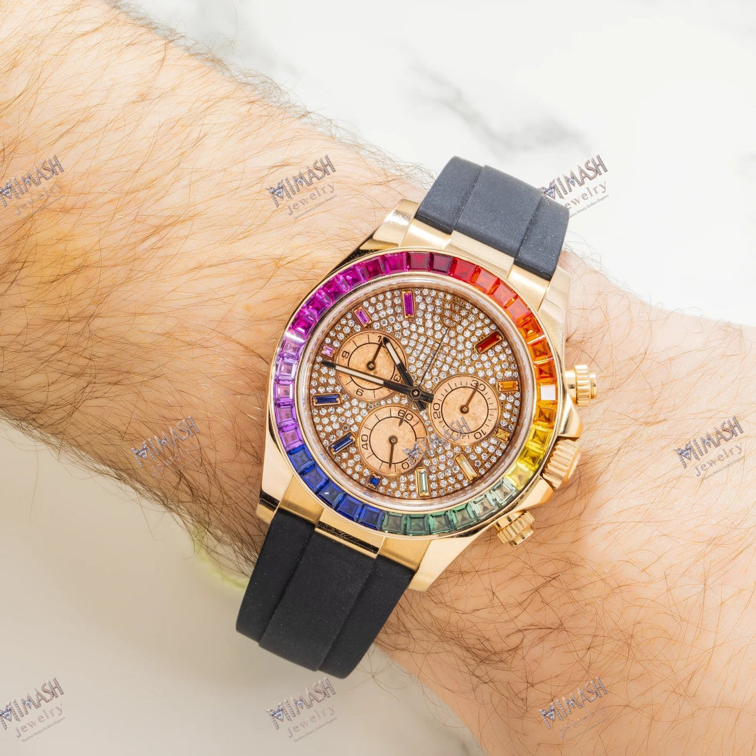 Arctic Blaze Moissanite Diamond Watch 40MM Rainbow Diamond Dial And Bezel With Black Oysterflex Bracelet