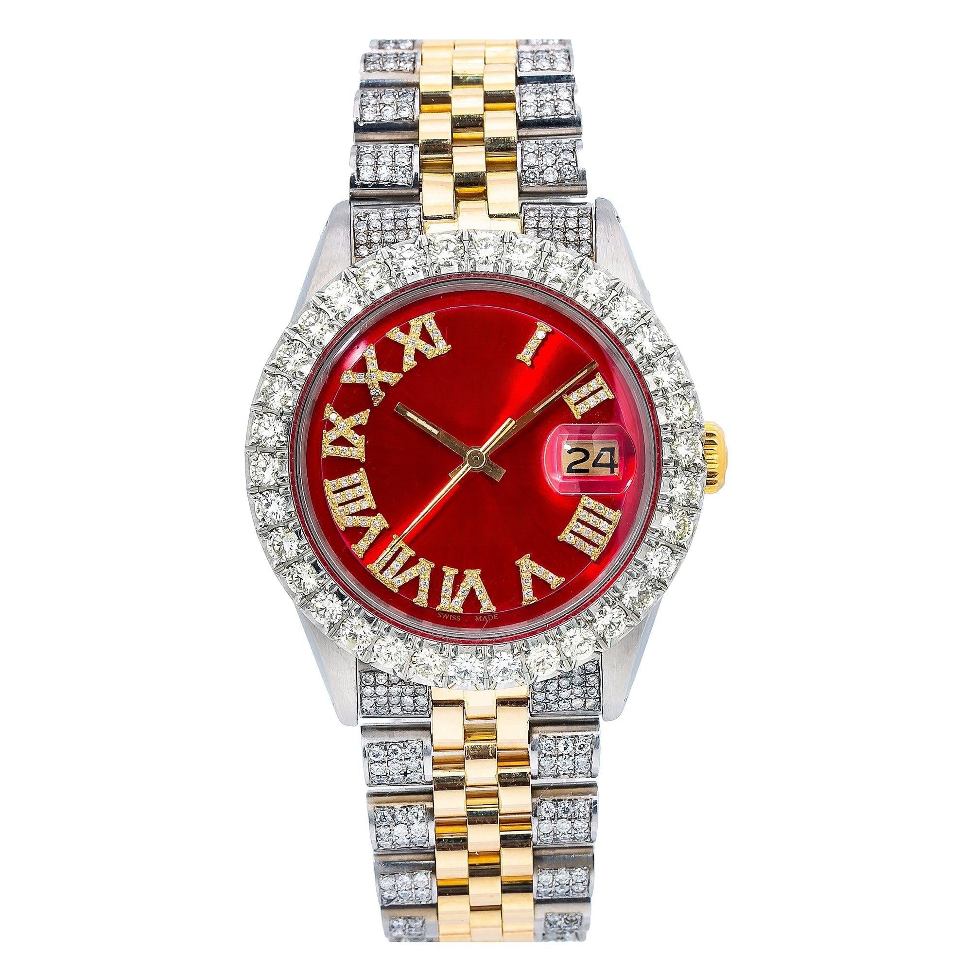 Moissanite Glow Watch 36MM Red Diamond Roman Numeral Dial With Two Tone Diamond Jubilee Bracelet
