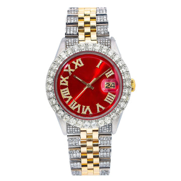 Moissanite Glow Watch 36MM Red Diamond Roman Numeral Dial With Two Tone Diamond Jubilee Bracelet
